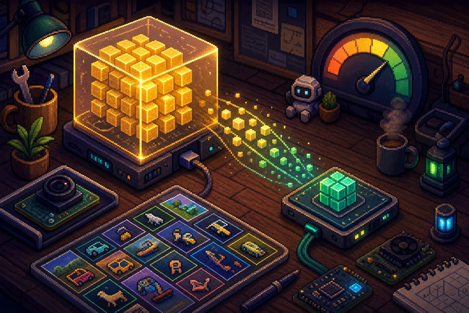 Pixel art edge AI distillation workbench cover.