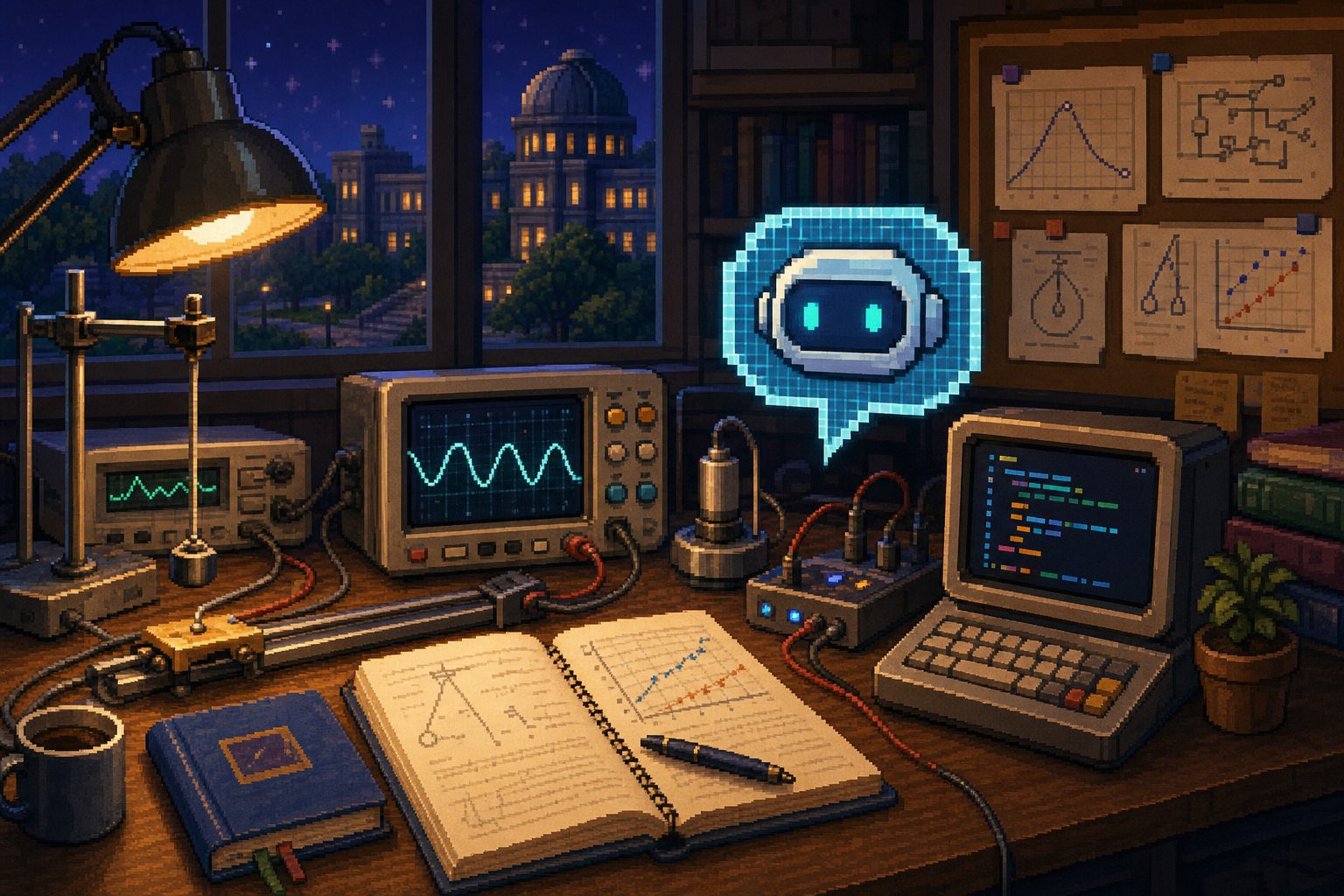 Pixel art physics experiment AI agent cover.